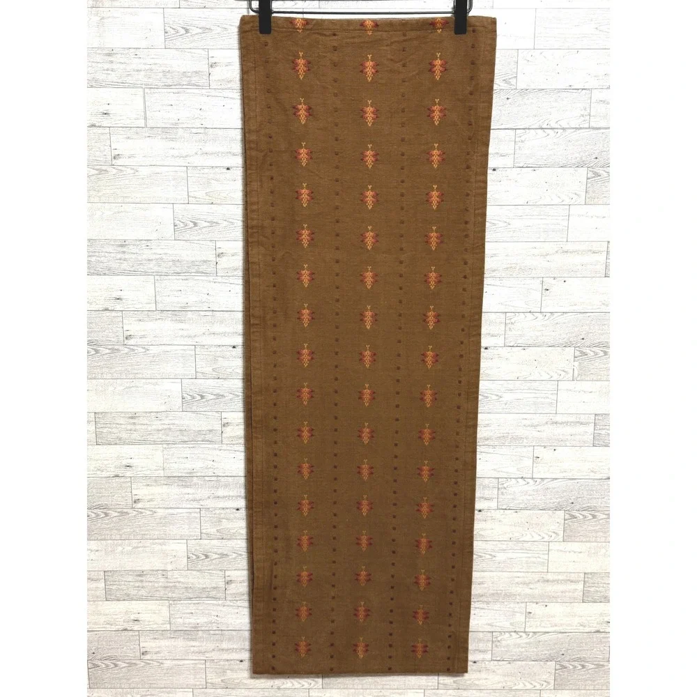 Brown Woven Table Runner 84x14 Autumn Harvest Embroidered Leaf Pattern Rustic